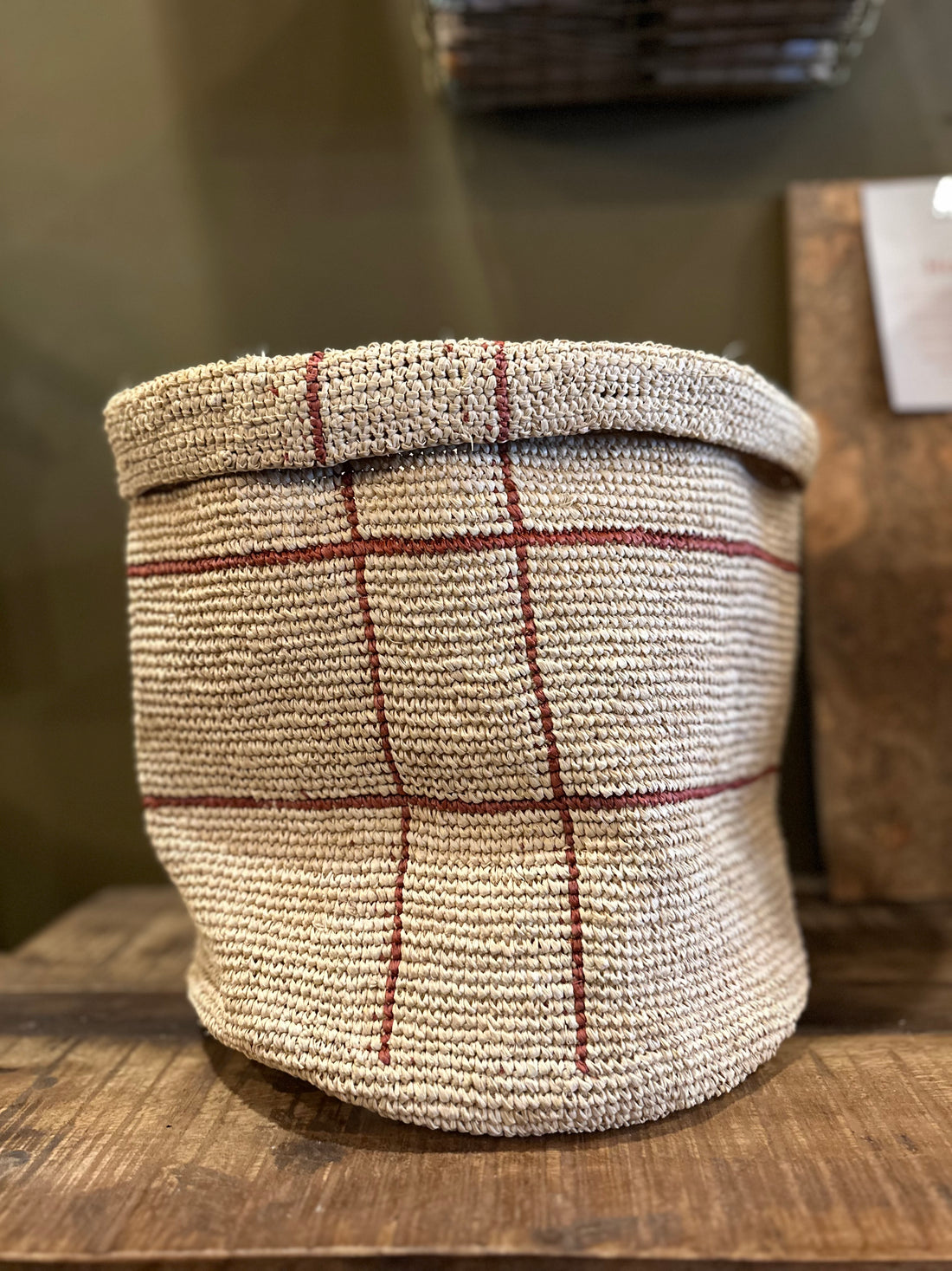 XL Handmade Raffia Woven Basket - Terracotta Cross Lines