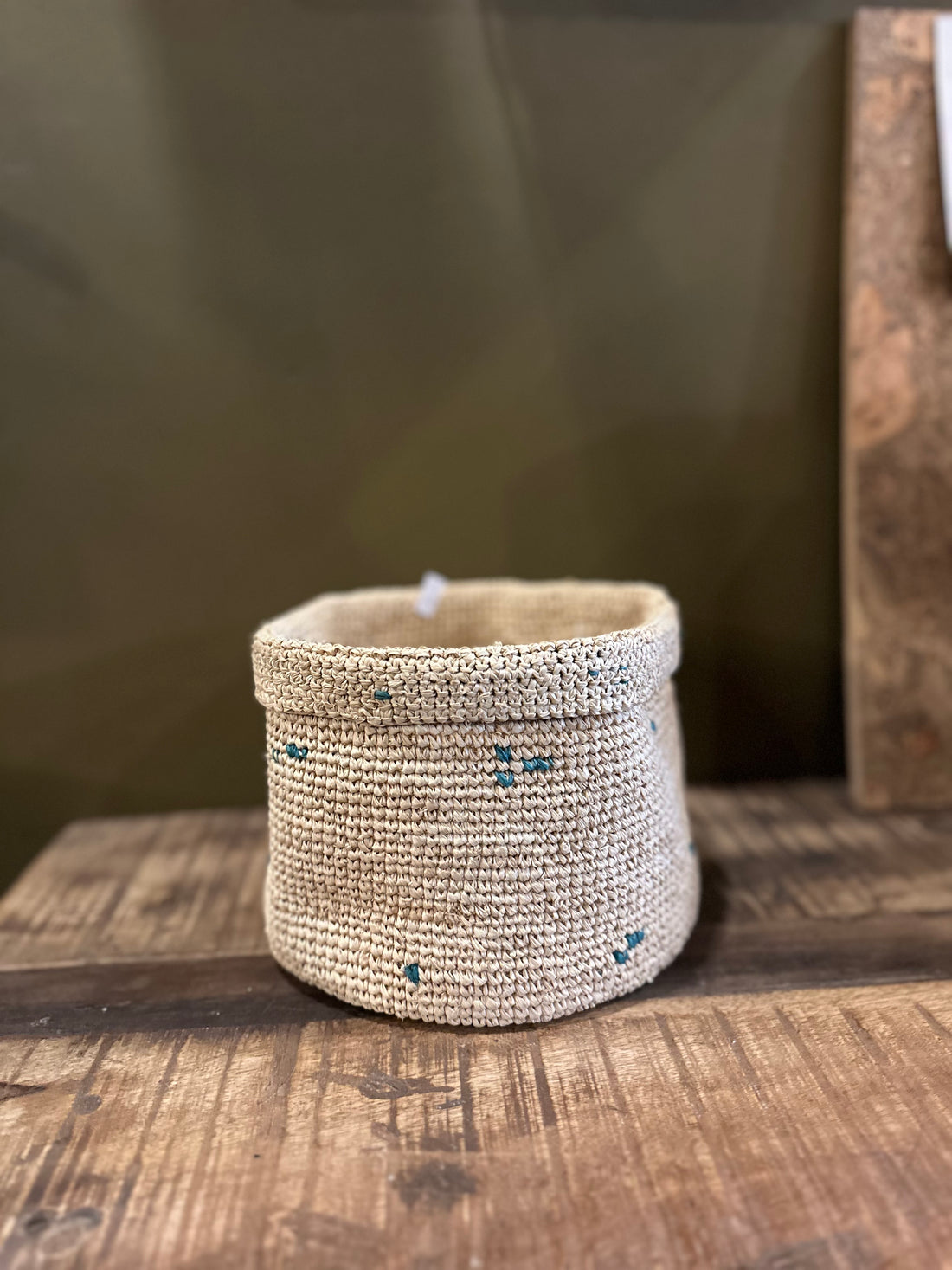 Large Handmade Raffia Woven Basket - Teal Speckle