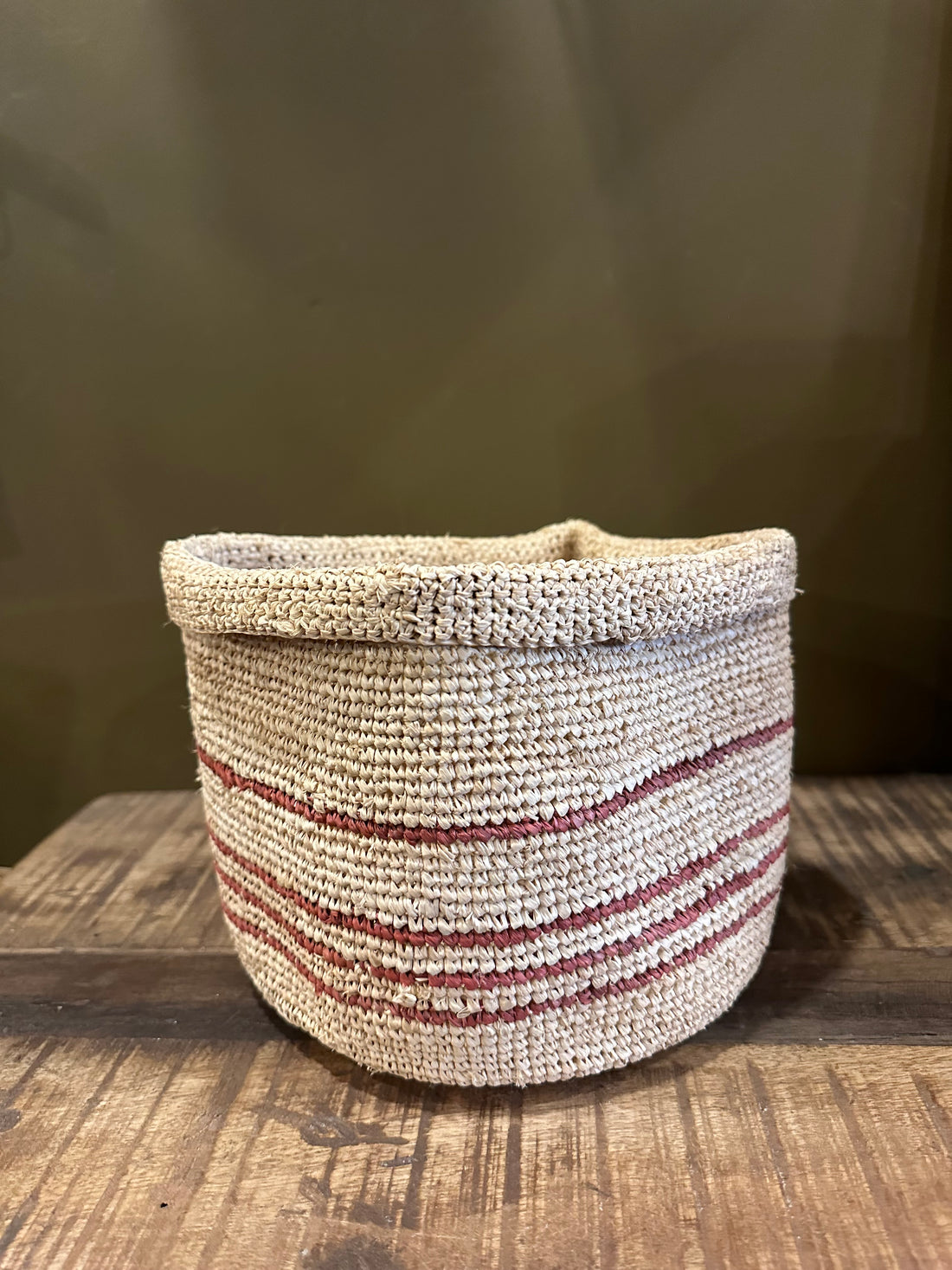 Large Handmade Raffia Woven Basket - Terracotta Stripe