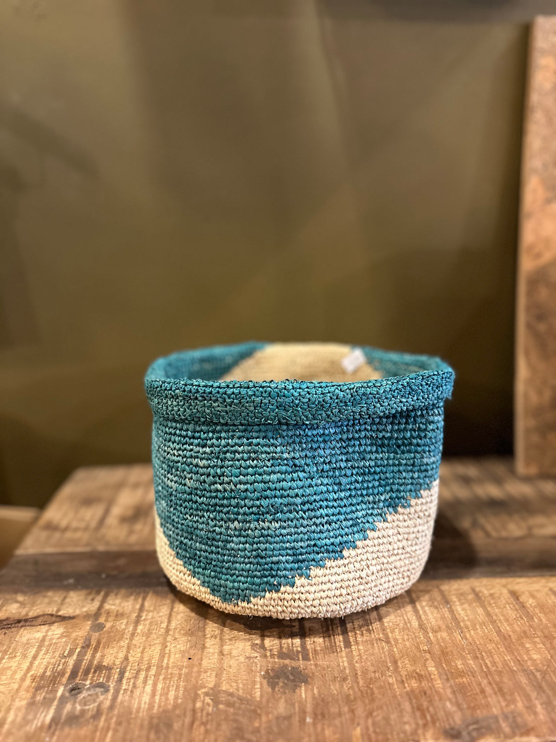 Large Handmade Raffia Woven Basket - Teal V