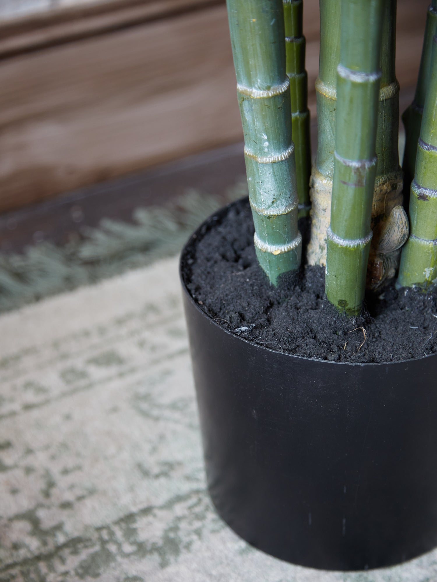 Large Faux Green Bamboo Palm Tree in Black Pot