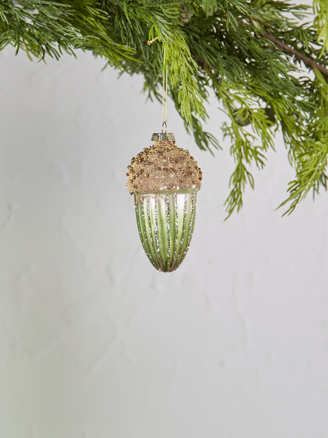 Green and Gold Glass Acorn Bauble