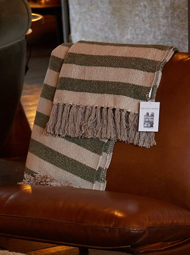 Moss Green Cotton Stripe Tassel Throw