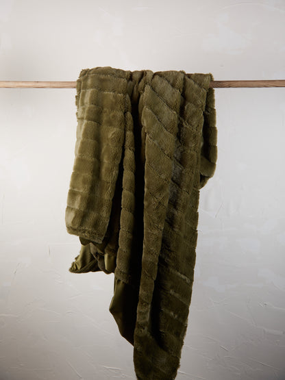 Olive Ribbed Faux Fur Throw