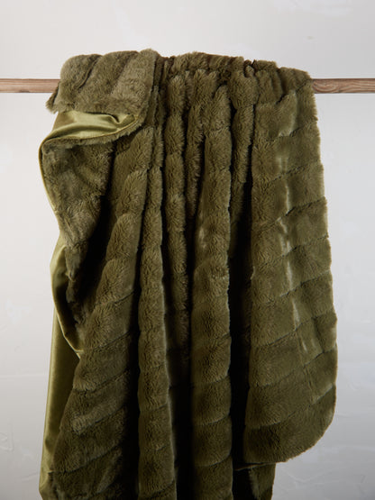 Olive Ribbed Faux Fur Throw