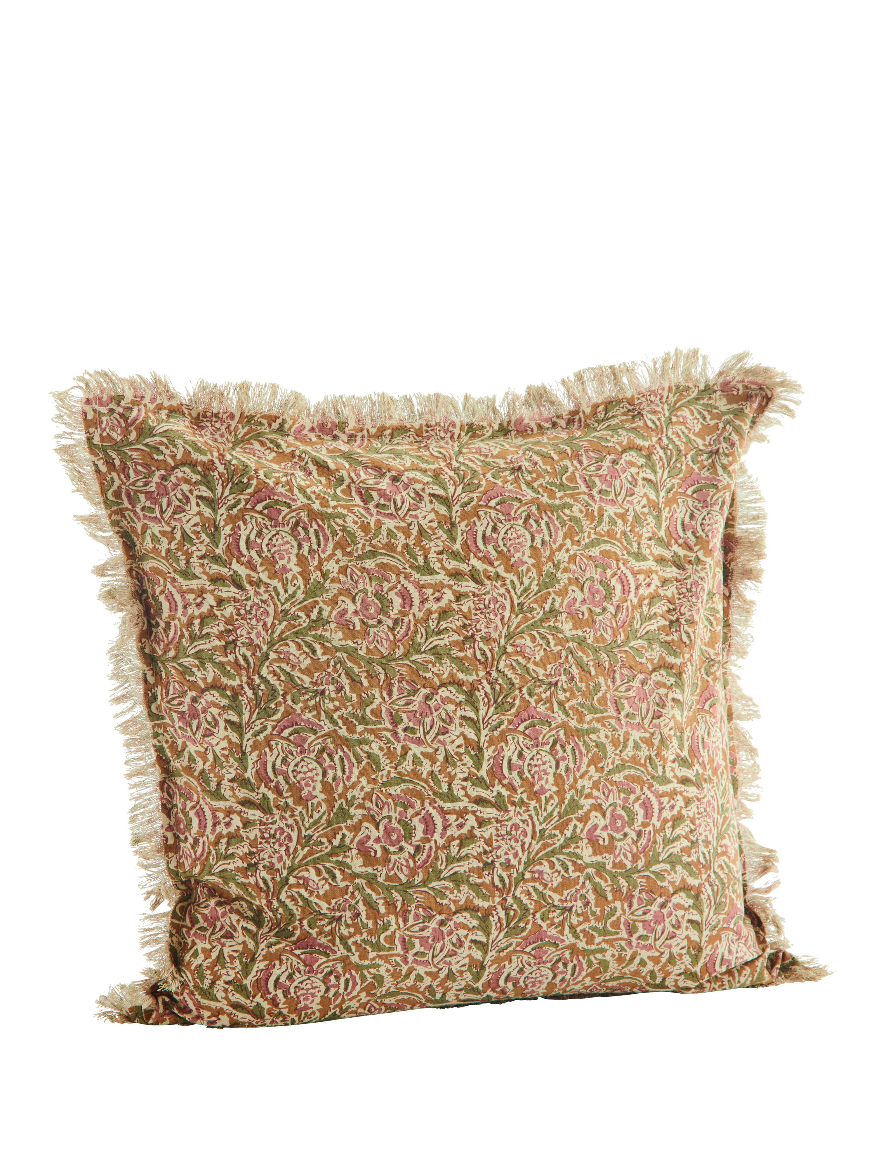 Honey, Rose, Green &amp; Off White Printed Cushion with Fringe