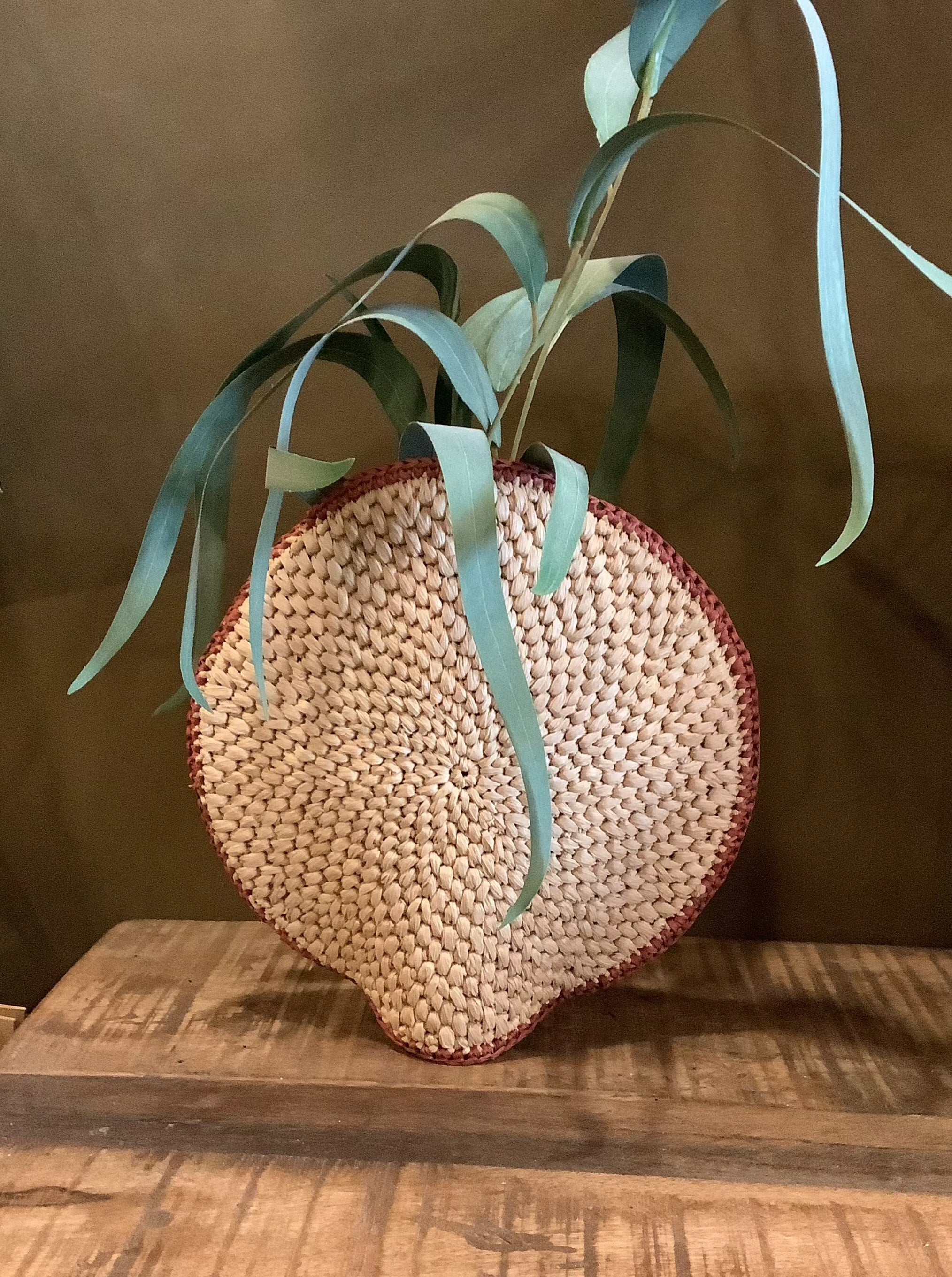 Handmade Round Raffia Basket Vase - Natural &amp; Terracotta