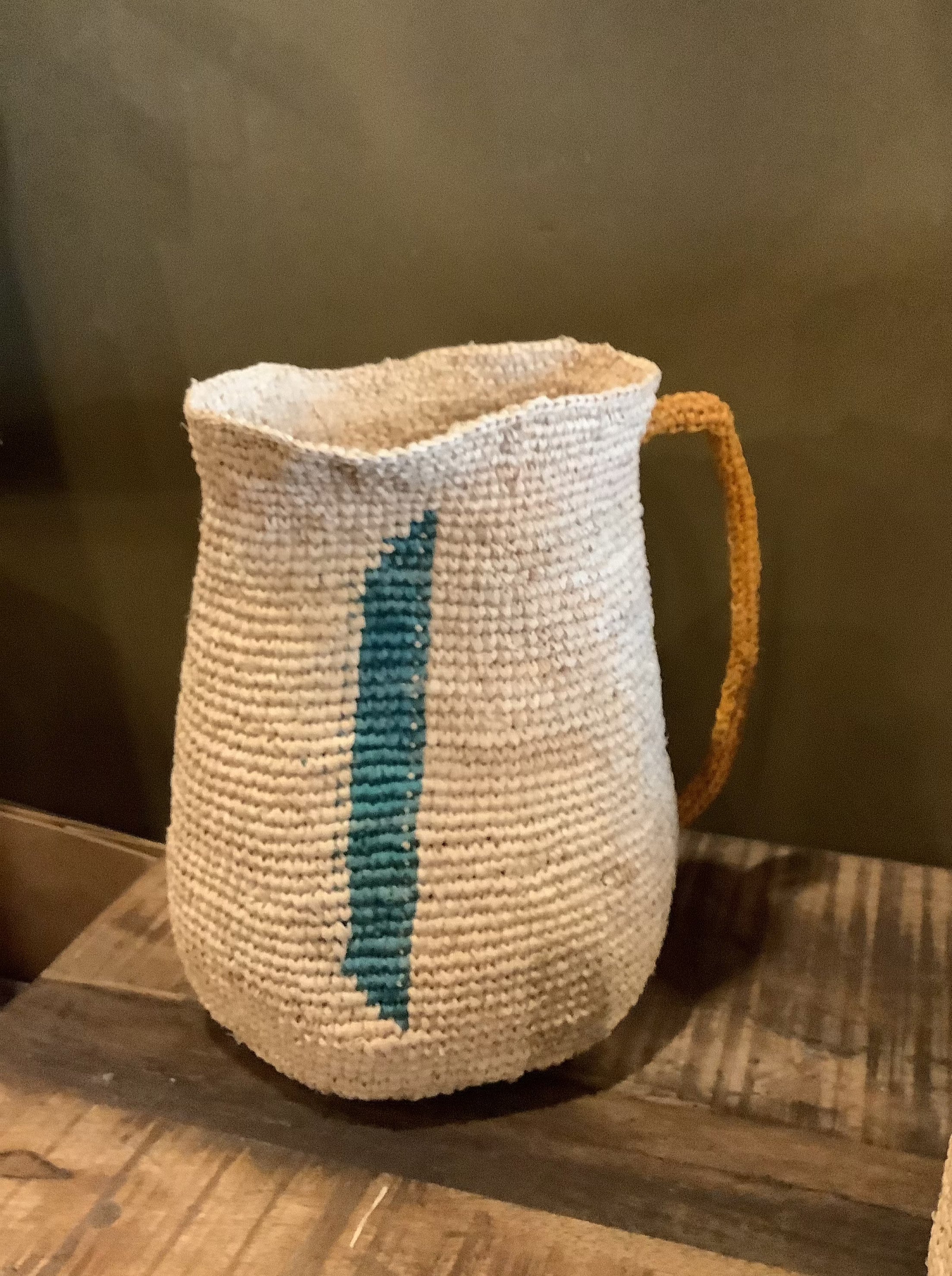 Handmade Woven Vase With Handle - Natural, Mustard &amp; Teal