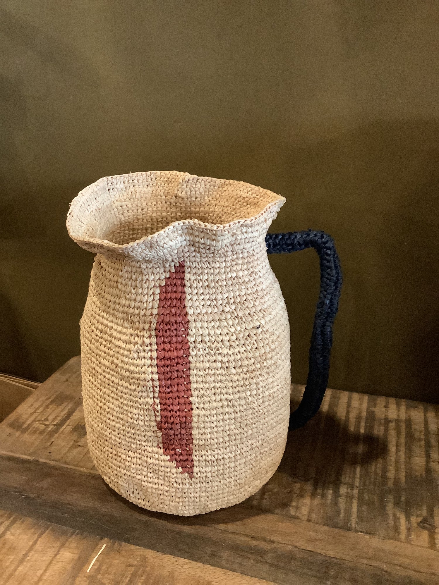 Handmade Woven Vase  With Handle - Natural, Black &amp; Terracotta