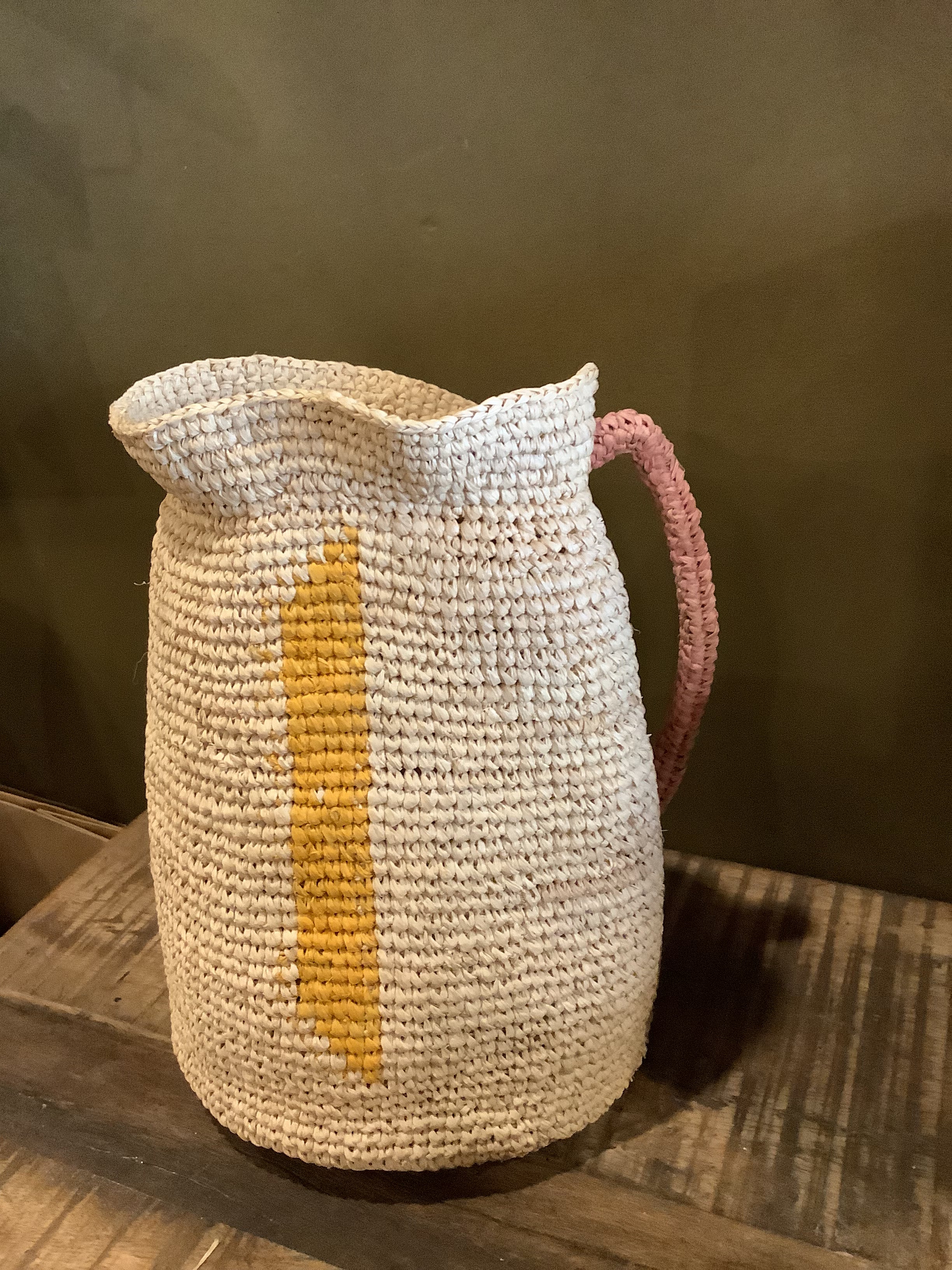 Handmade Woven Vase  With Handle - Natural, Mustard &amp; Pink