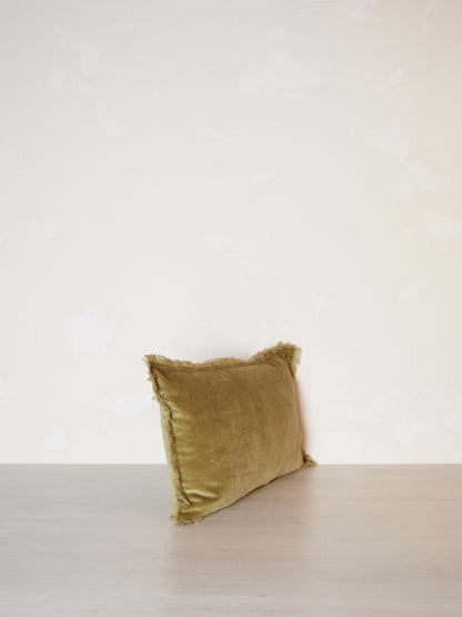 Fara Fringed Velvet Cushion - Olive - 3 Sizes Available