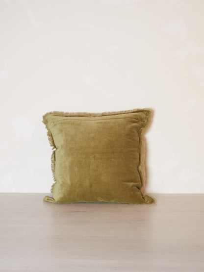 Fara Fringed Velvet Cushion - Olive - 3 Sizes Available