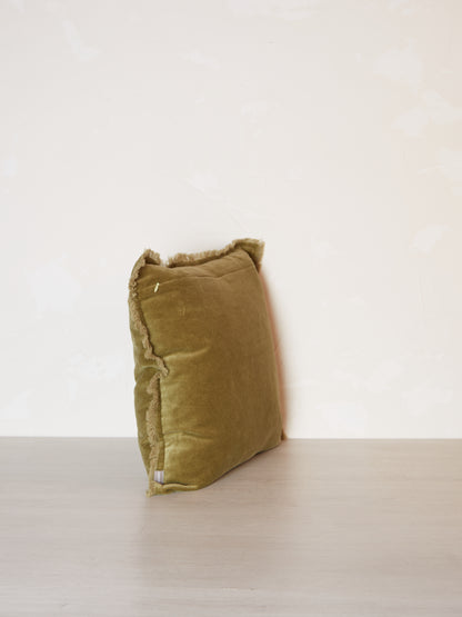 Fara Fringed Velvet Cushion - Olive - 3 Sizes Available