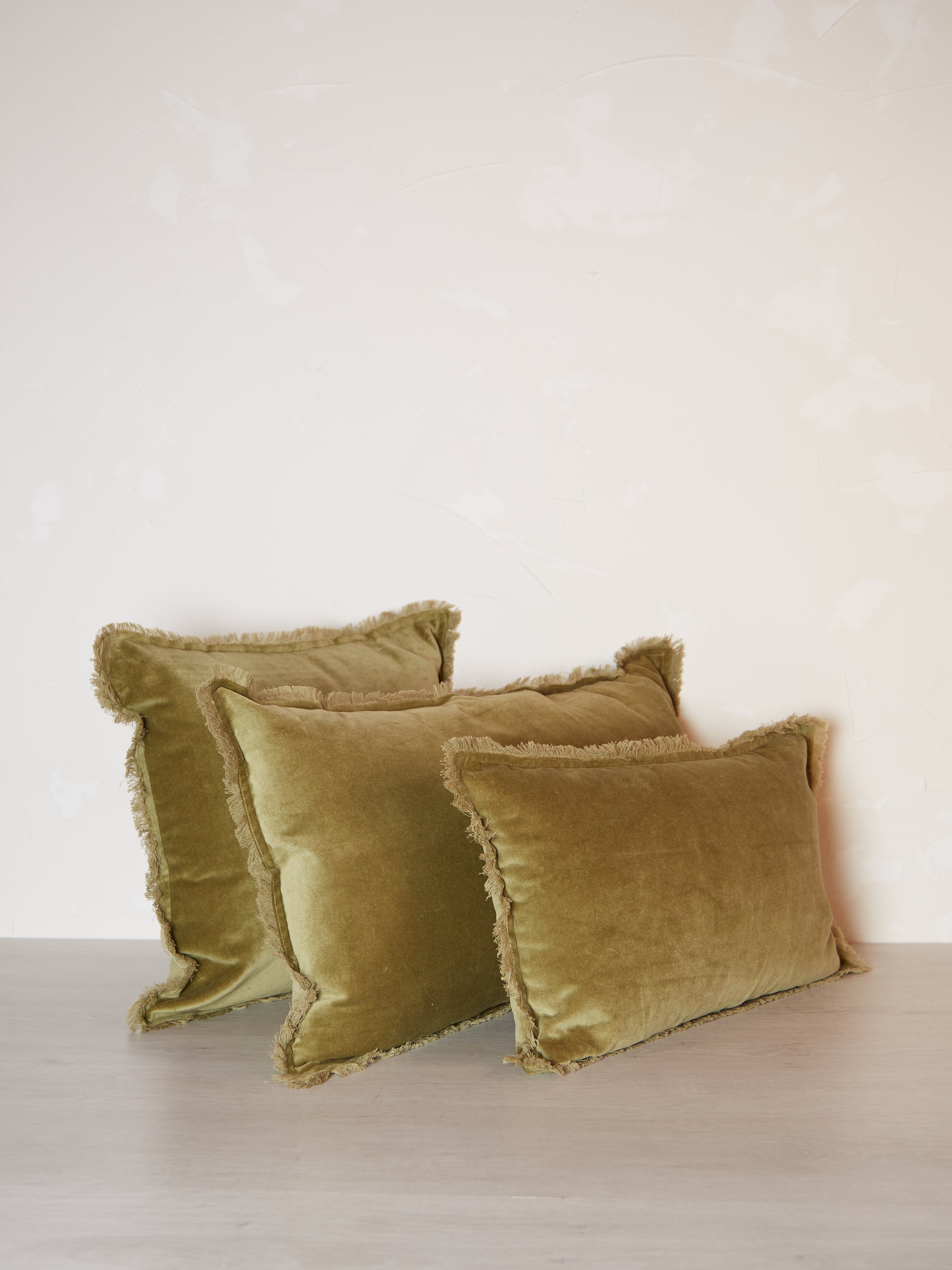 Fara Fringed Velvet Cushion - Olive - 3 Sizes Available