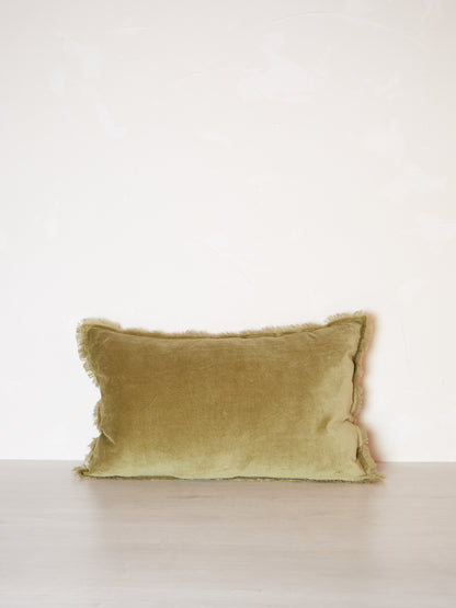 Fara Fringed Velvet Cushion - Olive - 3 Sizes Available