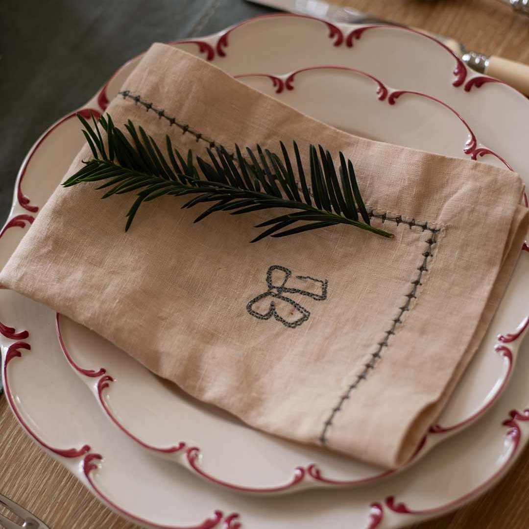 Set 4 Embroidered Linen Napkins - Natural