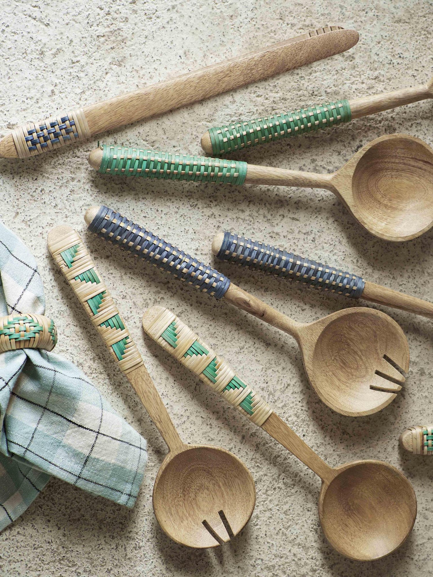 Hand Carved Wooden Serving Set with Cane