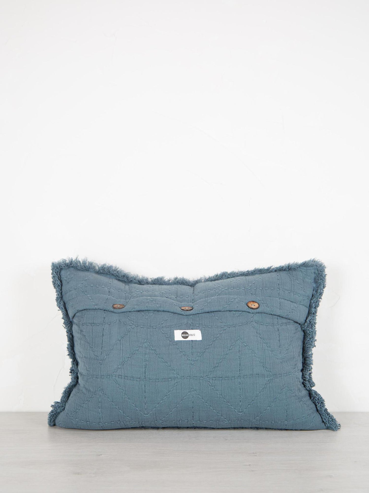 Embroidered Geometric Cushion With Fringe - Dusty Blue