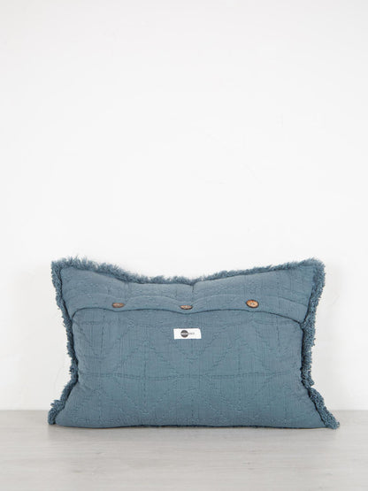 Embroidered Geometric Cushion With Fringe - Dusty Blue