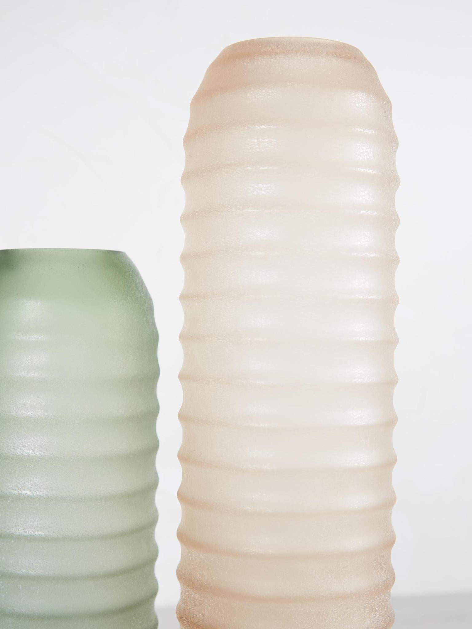 Yana Green Matte Ribbed Glass &amp; Wood Vase - Medium