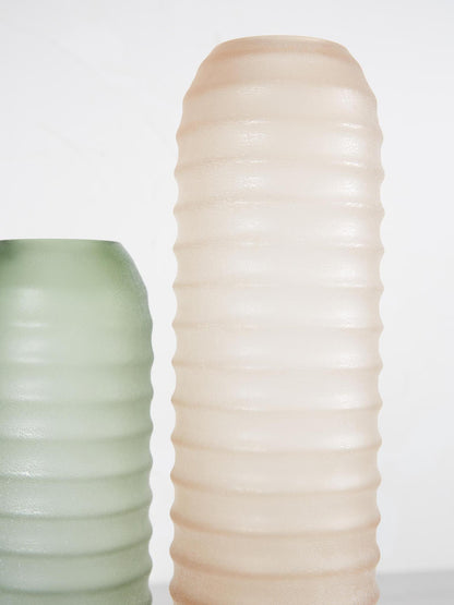 Yana Green Matte Ribbed Glass &amp; Wood Vase - Medium