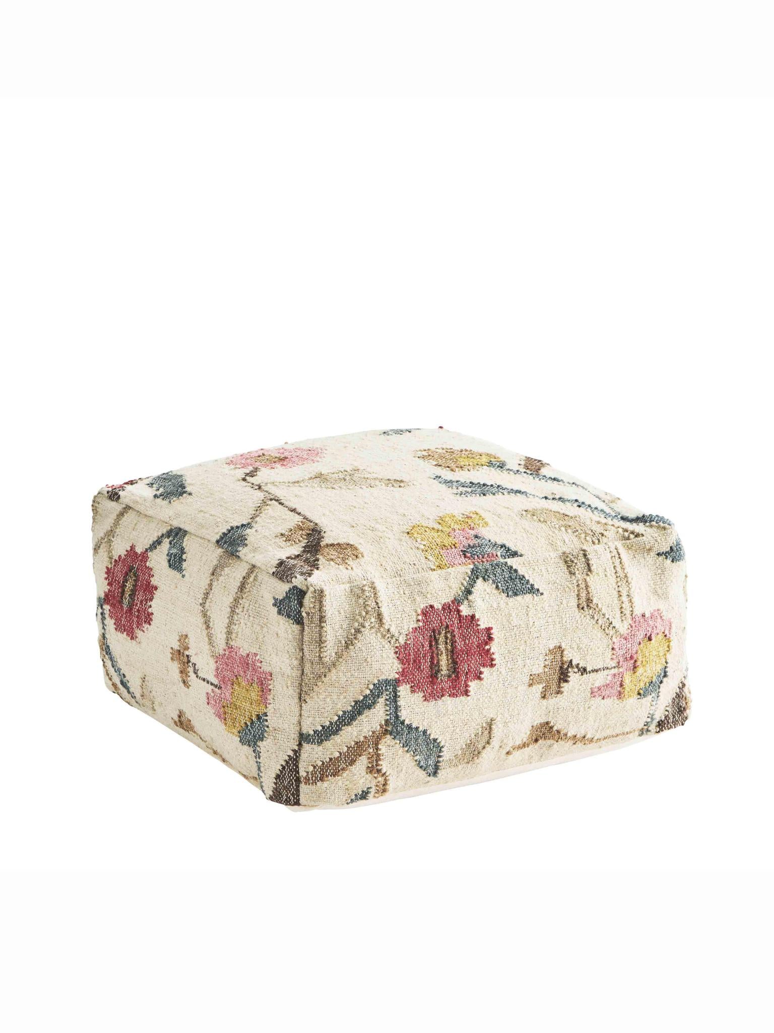 Handwoven Wool Pouffe - Petrol, Pink &amp; Off white