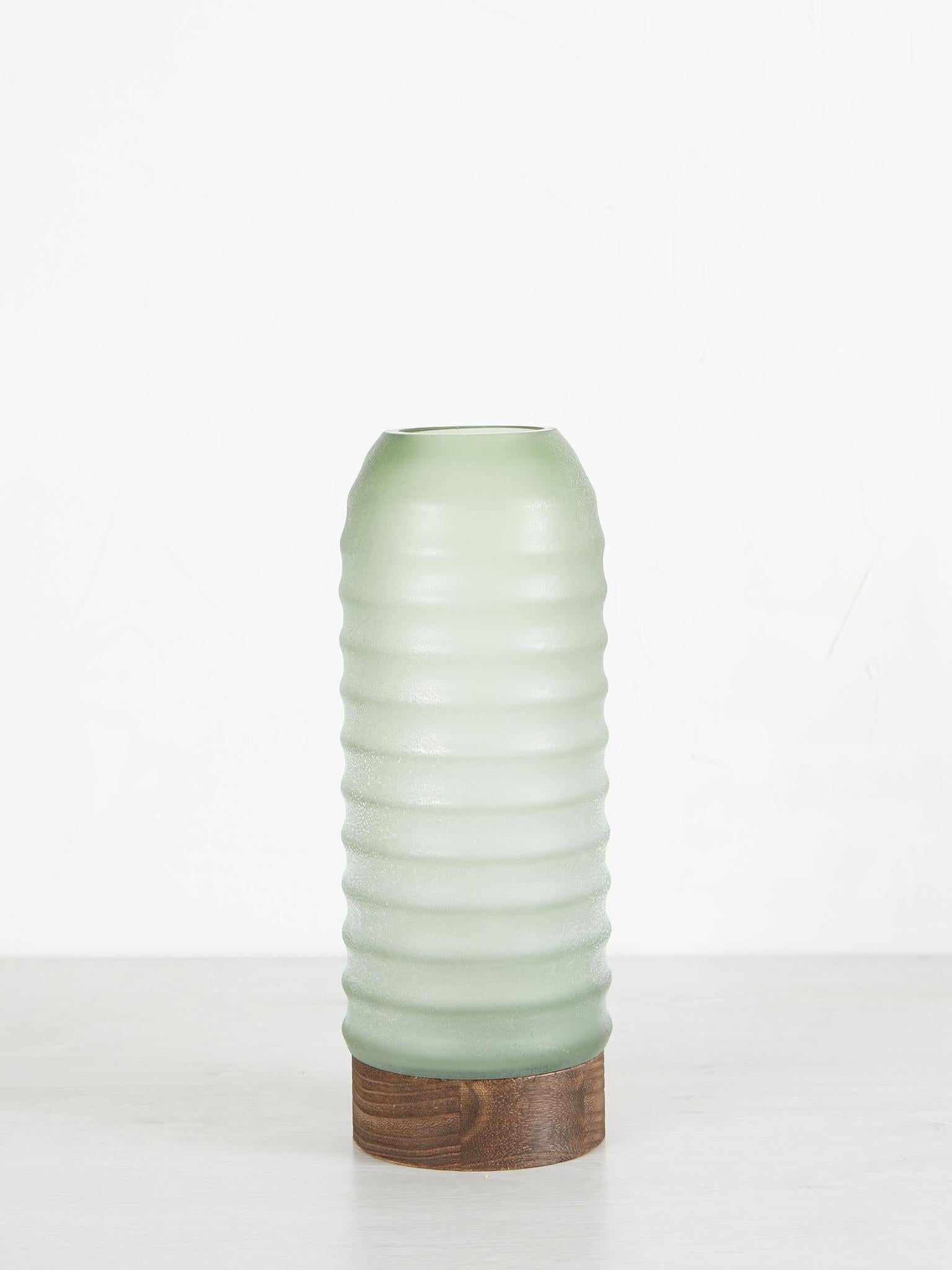 Yana Green Matte Ribbed Glass &amp; Wood Vase - Medium