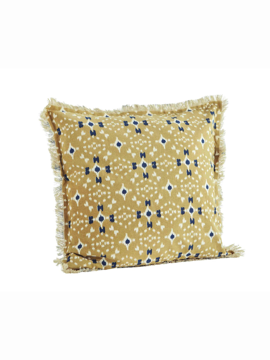 Mustard, off white &amp; Dark Blue Printed Cushion with Fringe