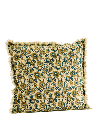 Sand, Mustard &amp; Teal Printed Cushion with Fringe