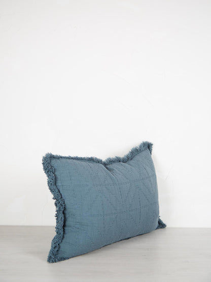 Embroidered Geometric Cushion With Fringe - Dusty Blue