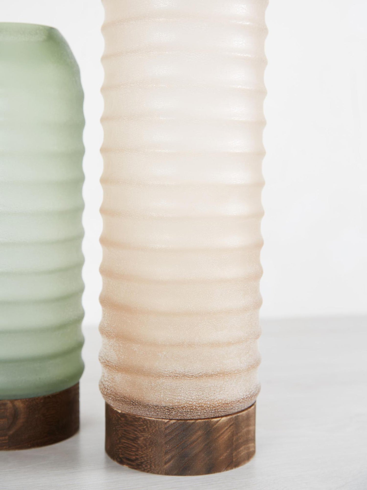 Yana Green Matte Ribbed Glass &amp; Wood Vase - Medium