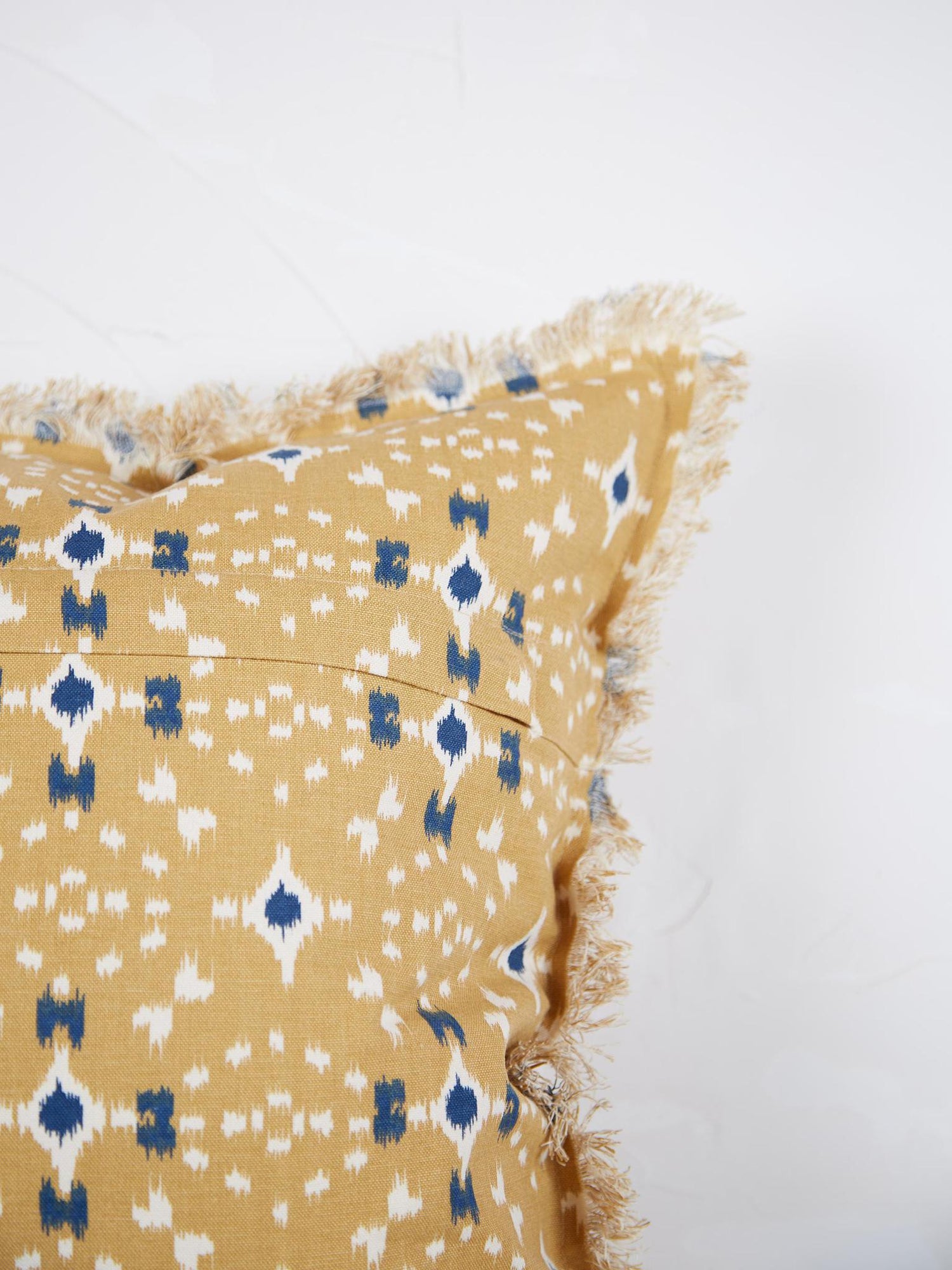 Mustard, off white &amp; Dark Blue Printed Cushion with Fringe