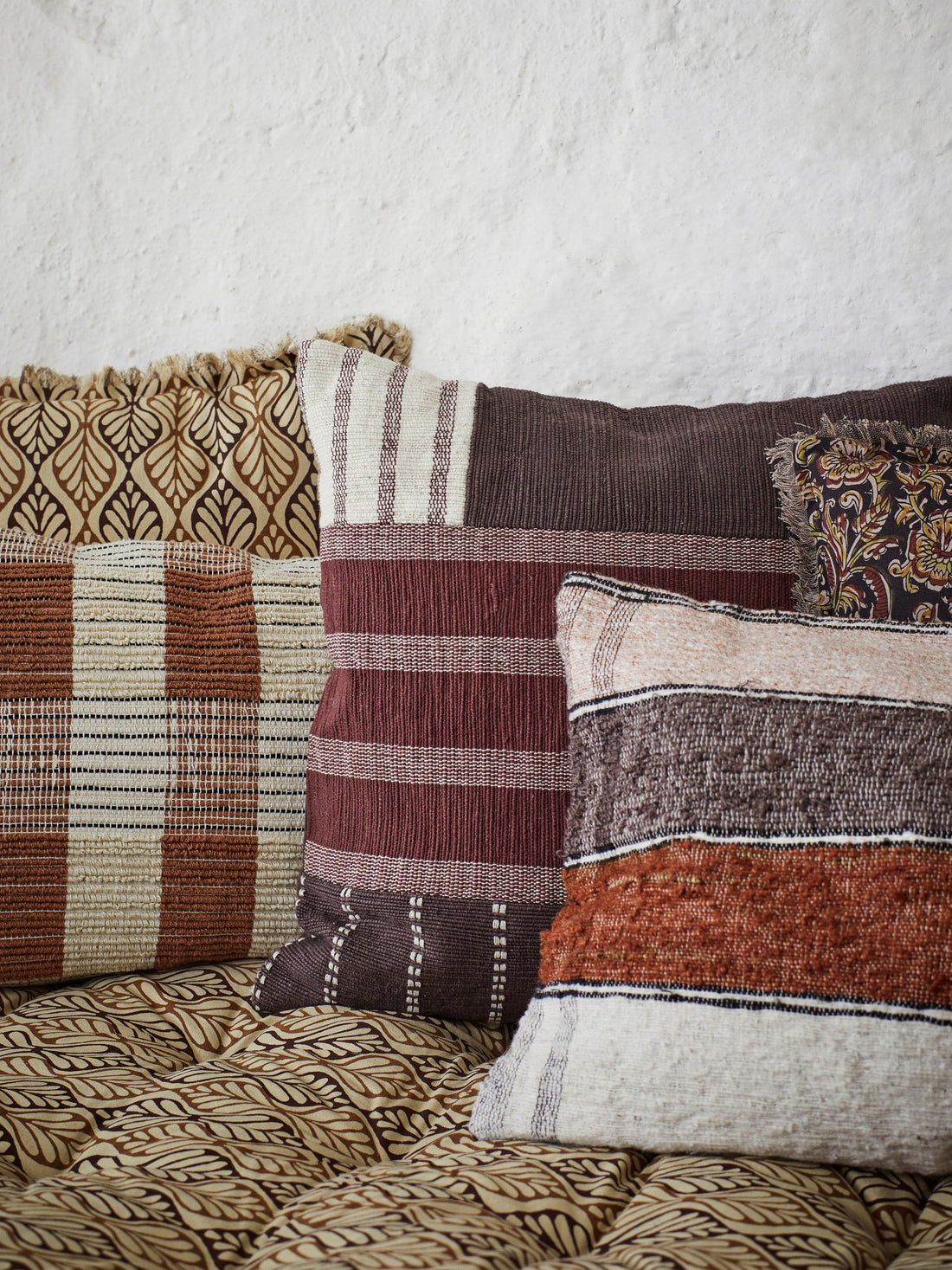 Black, Burnt Red &amp; Mustard Printed Cushion with Fringe