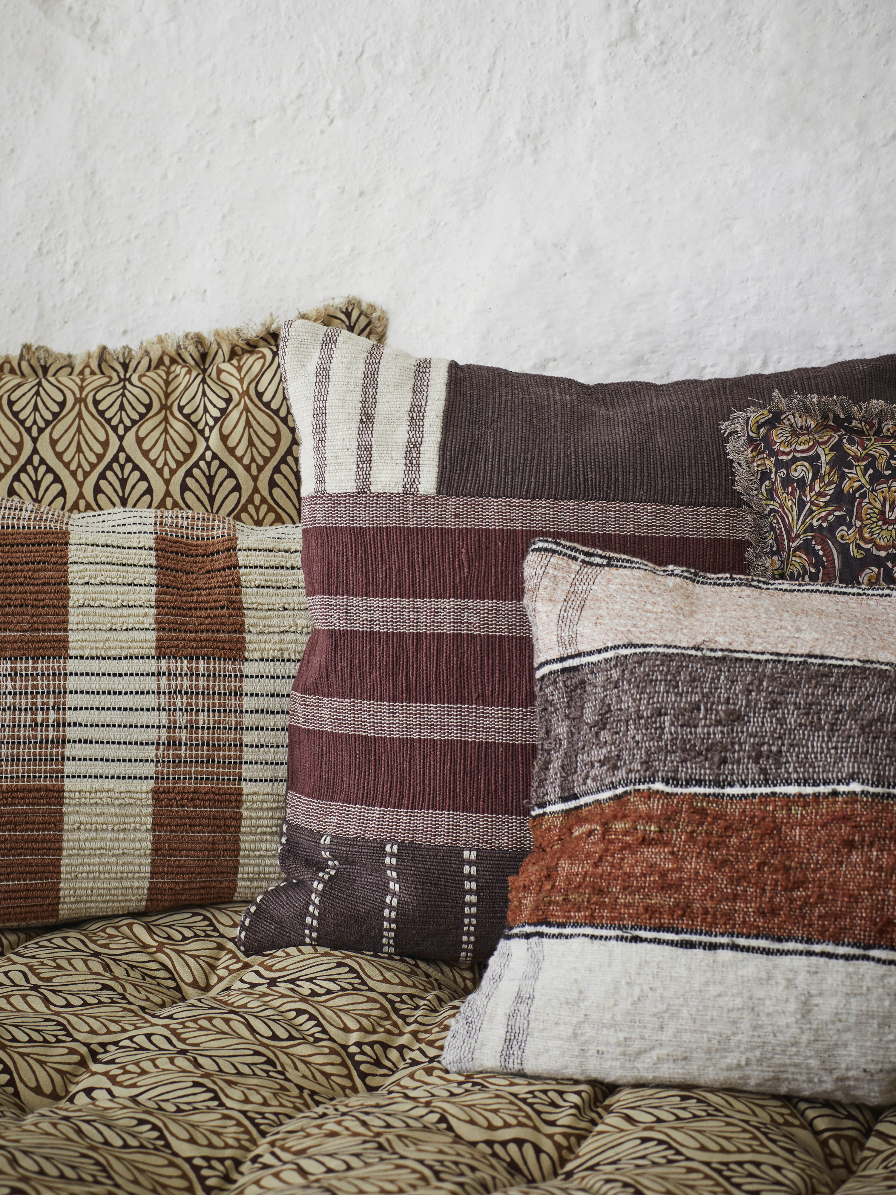 Black, Burnt Red &amp; Mustard Printed Cushion with Fringe