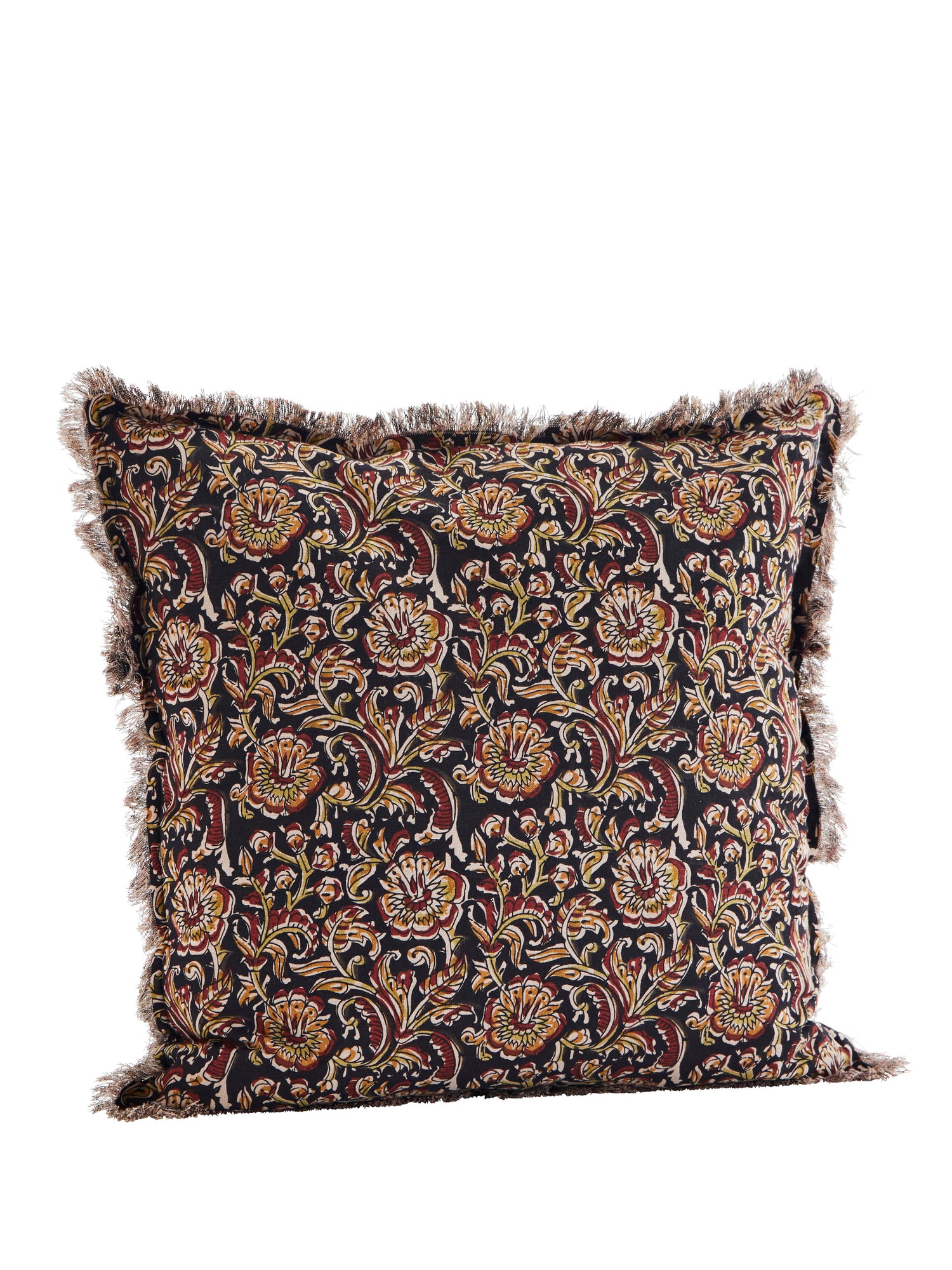 Black, Burnt Red &amp; Mustard Printed Cushion with Fringe