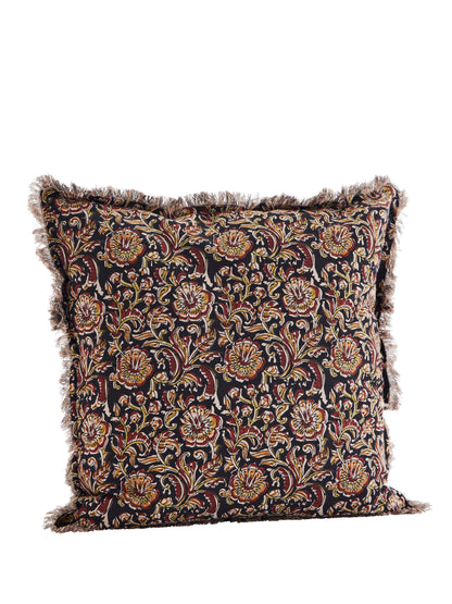 Black, Burnt Red &amp; Mustard Printed Cushion with Fringe