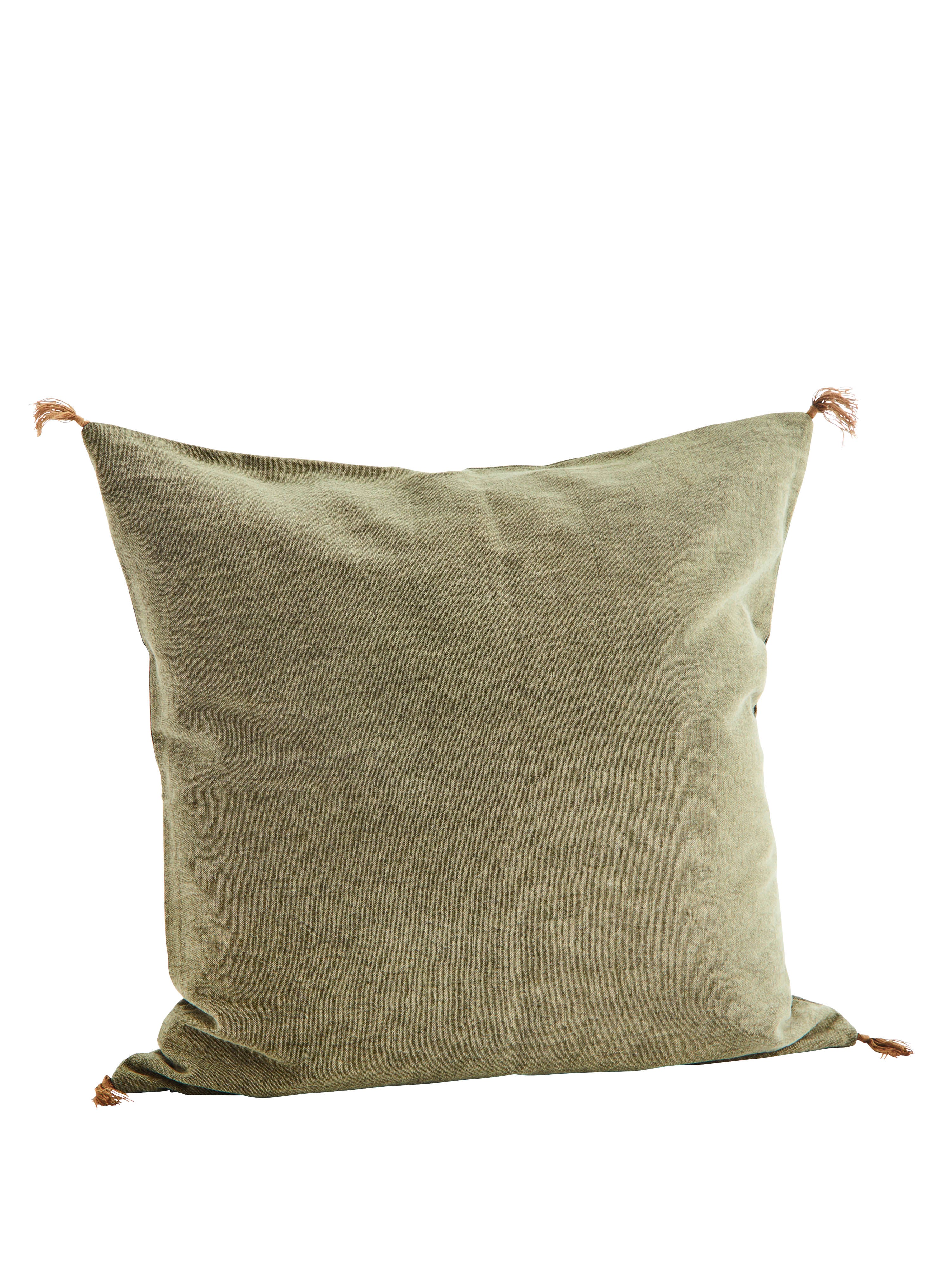 Washed Cotton Cushion With Tassels - Olive