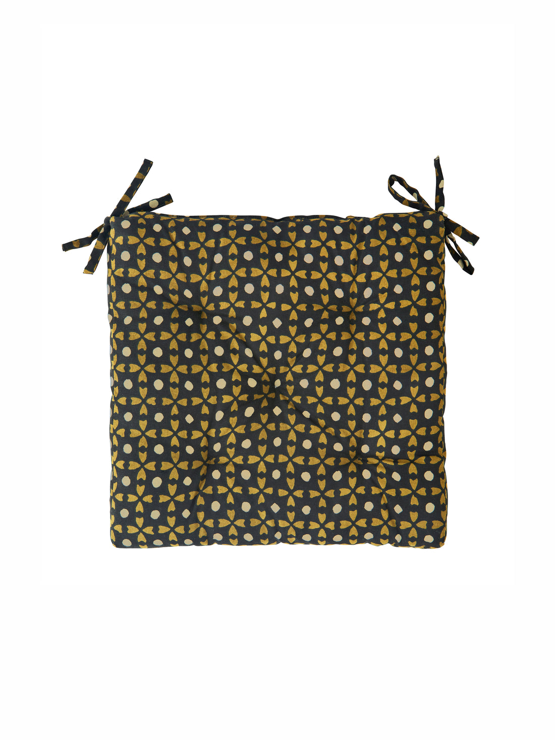 Printed Cotton Chair Pad Black, Mustard, Sand