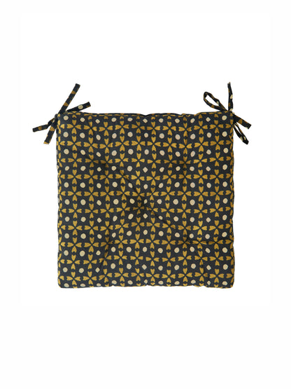 Printed Cotton Chair Pad Black, Mustard, Sand