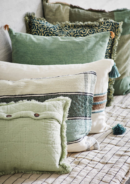 Washed Cotton Cushion With Tassels - Moss Green