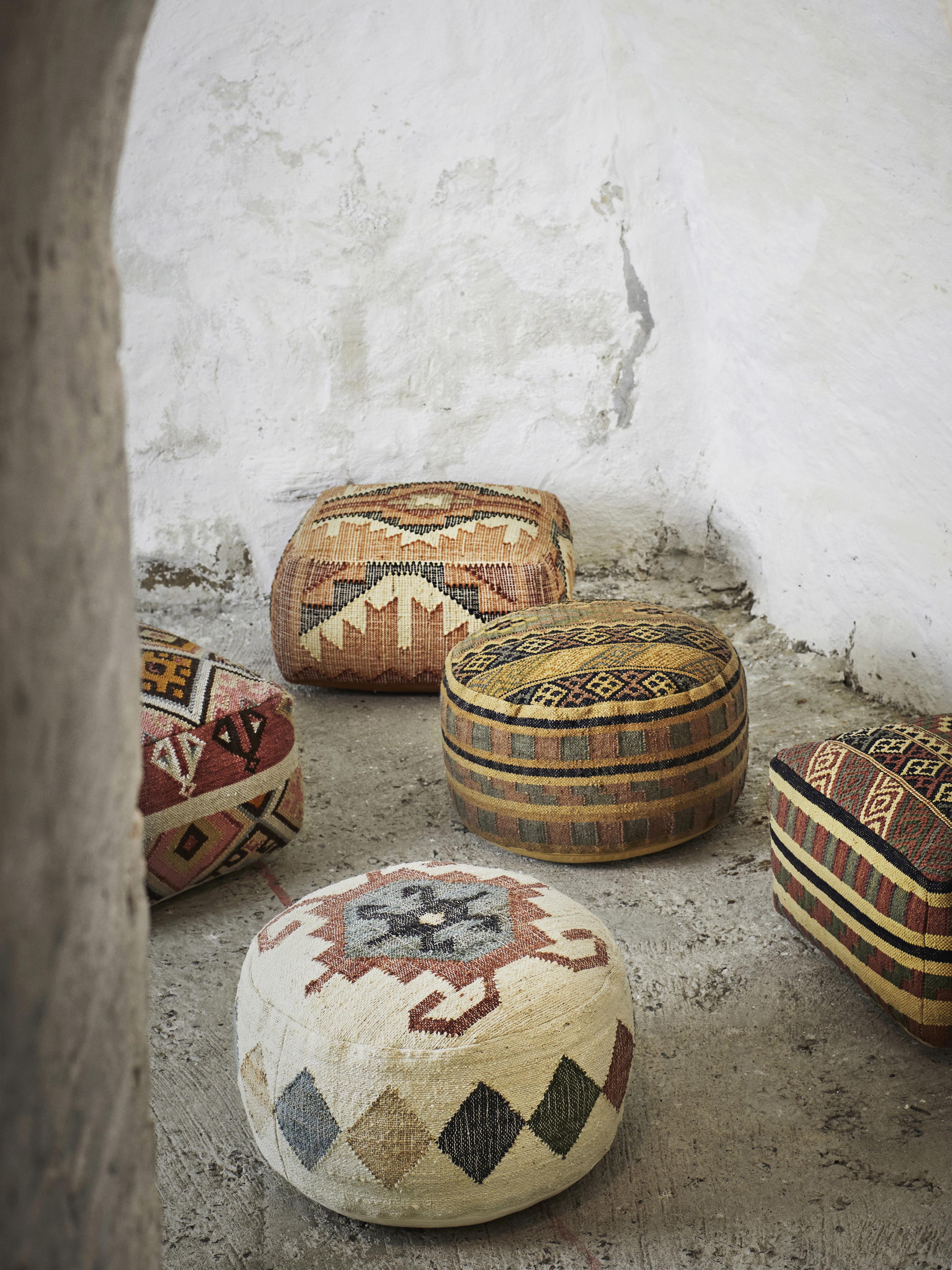 Handwoven Wool Pouffe - Petrol, Pink &amp; Off white