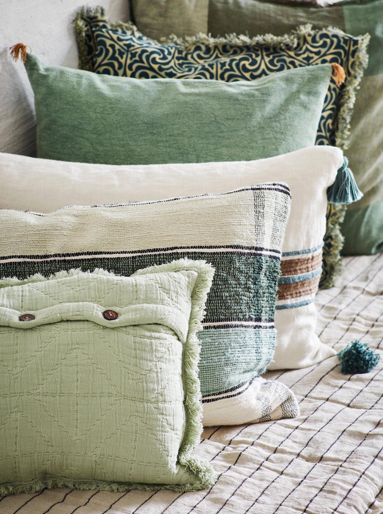 Embroidered Geometric Cushion With Fringe - Sage