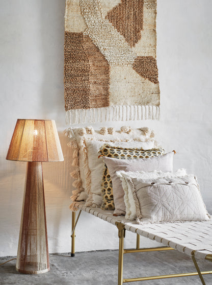 Embroidered Geometric Cushion With Fringe - Light Taupe