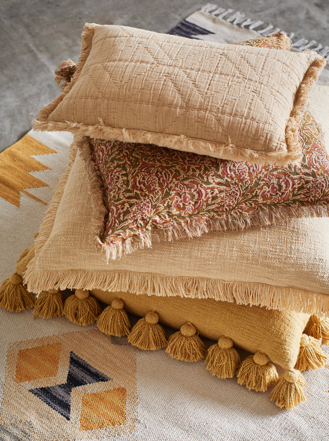 Embroidered Geometric Cushion With Fringe - Powder