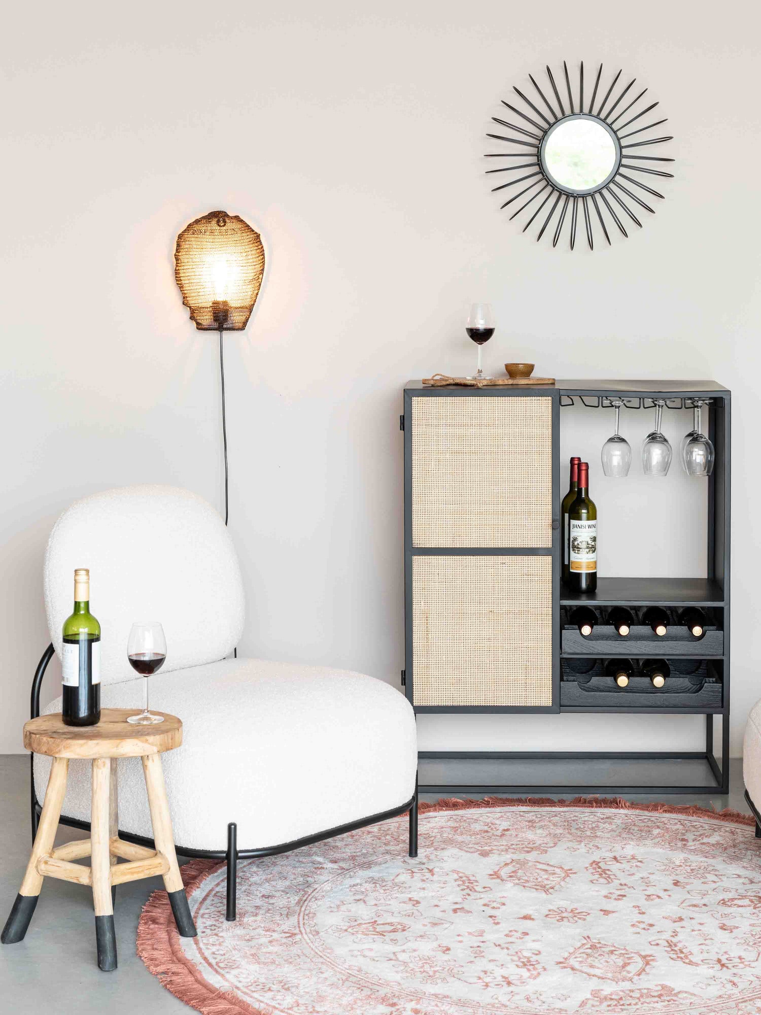 Armie Low Wine Cabinet in Black And Rattan