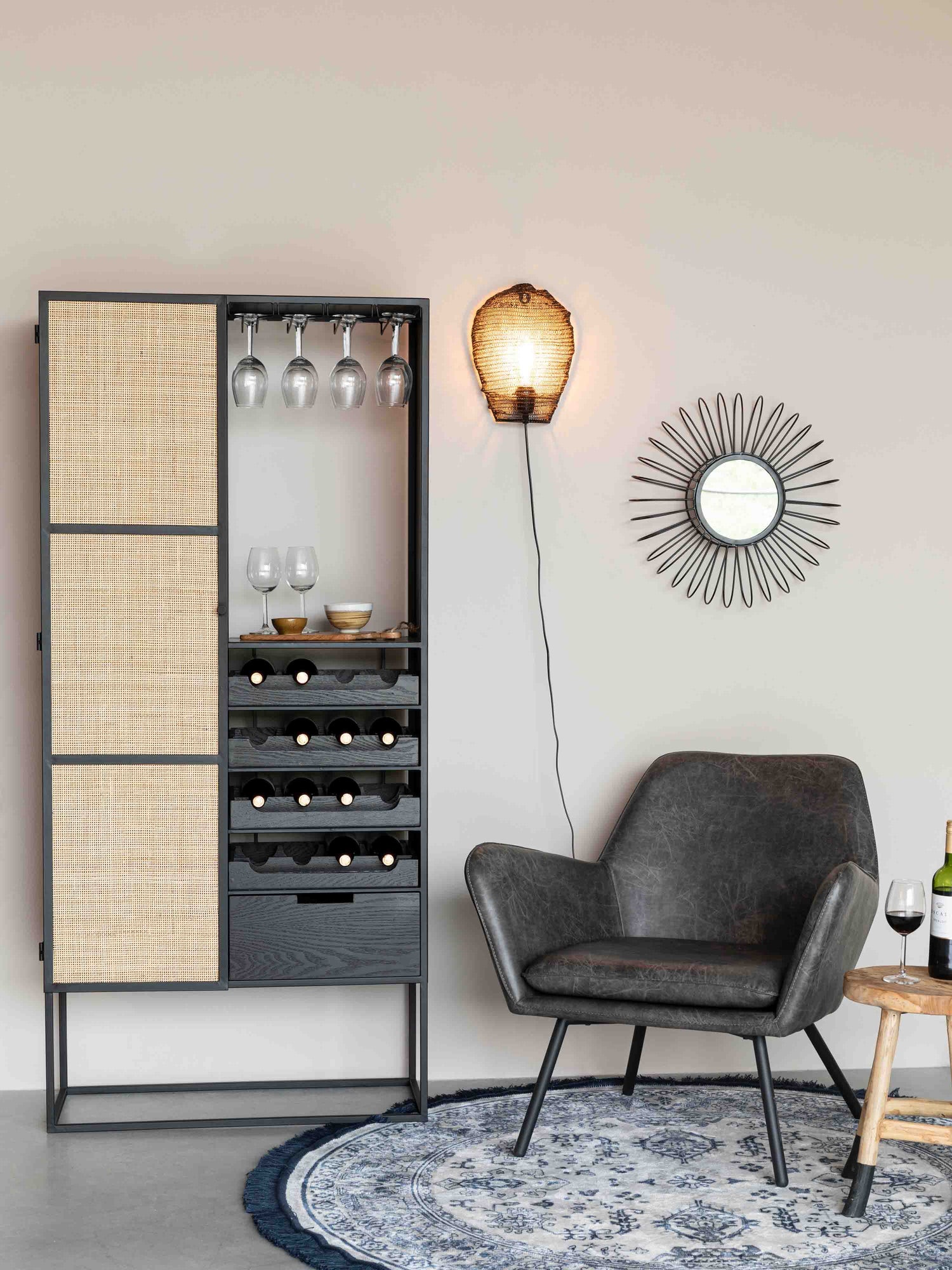 Armie High Wine Cabinet in Black And Rattan