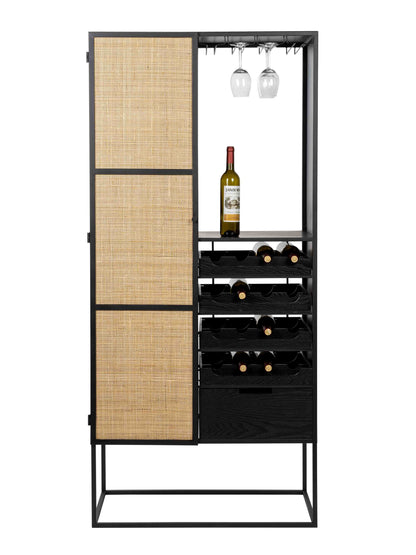 Armie High Wine Cabinet in Black And Rattan