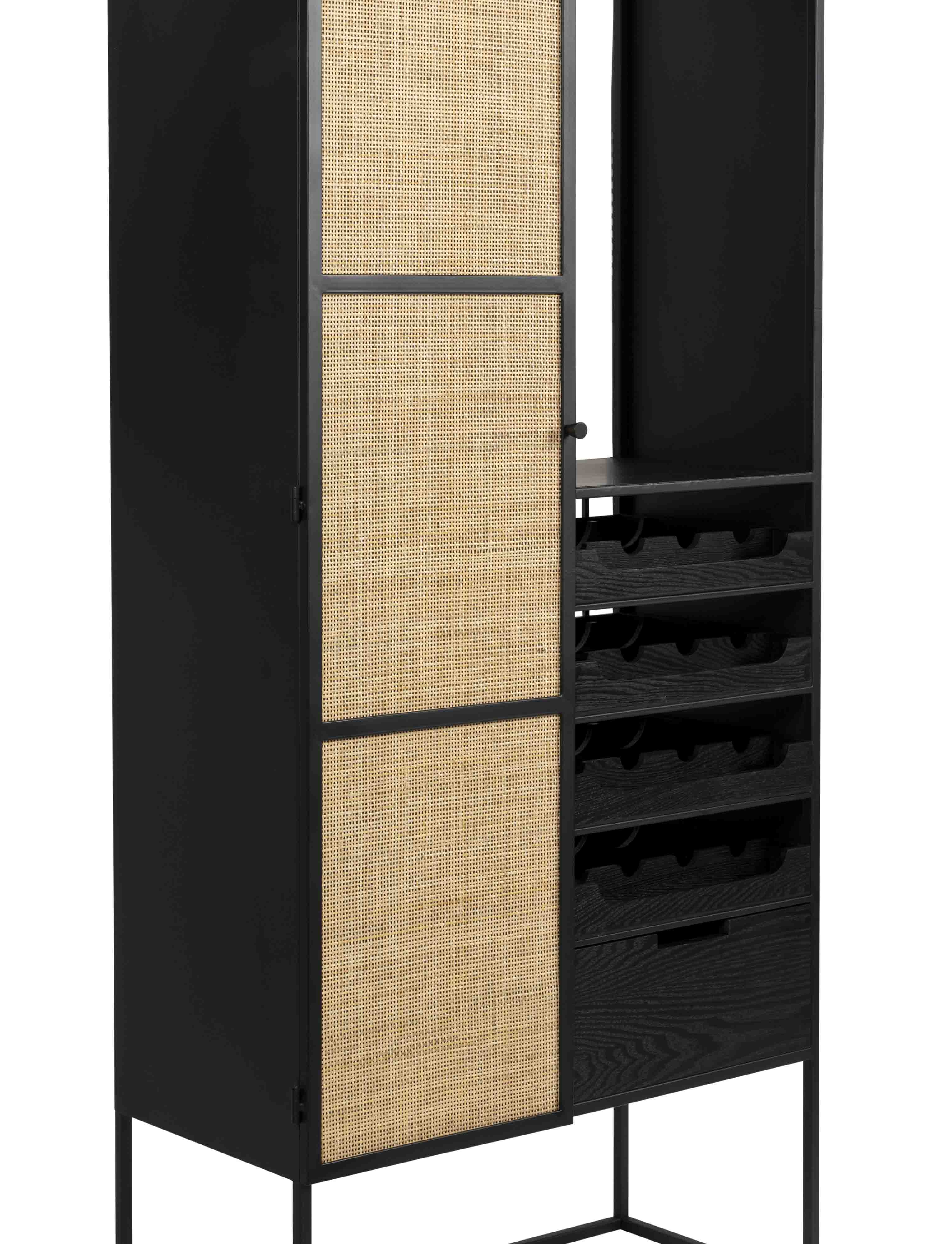 Armie High Wine Cabinet in Black And Rattan