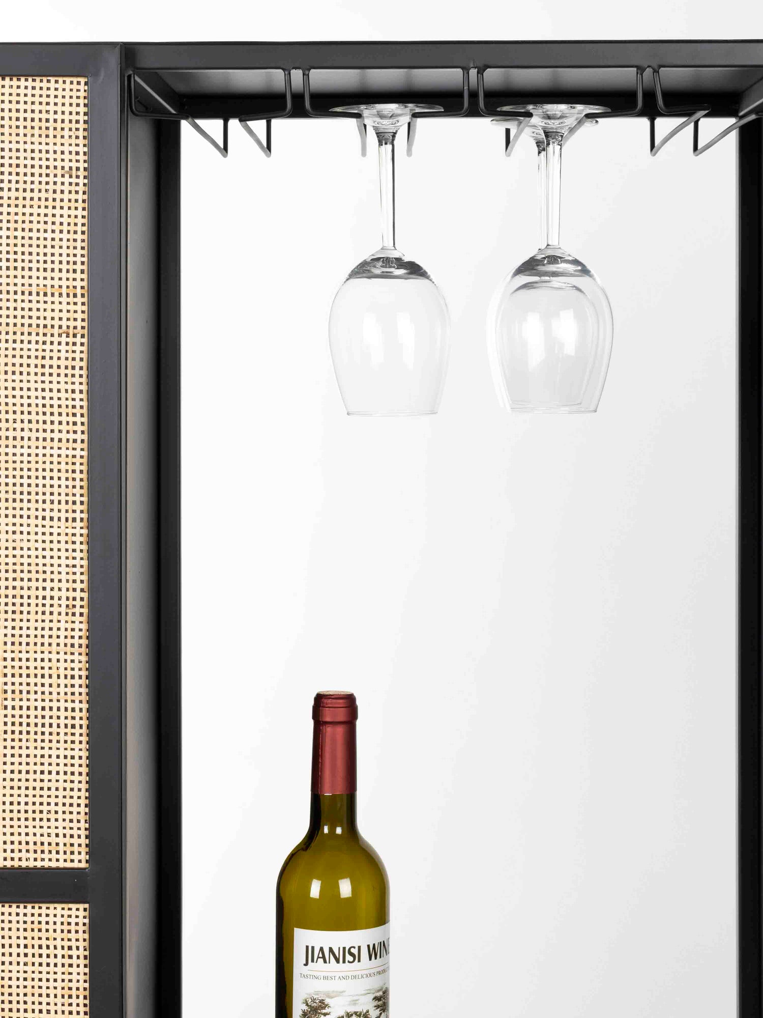 Armie High Wine Cabinet in Black And Rattan