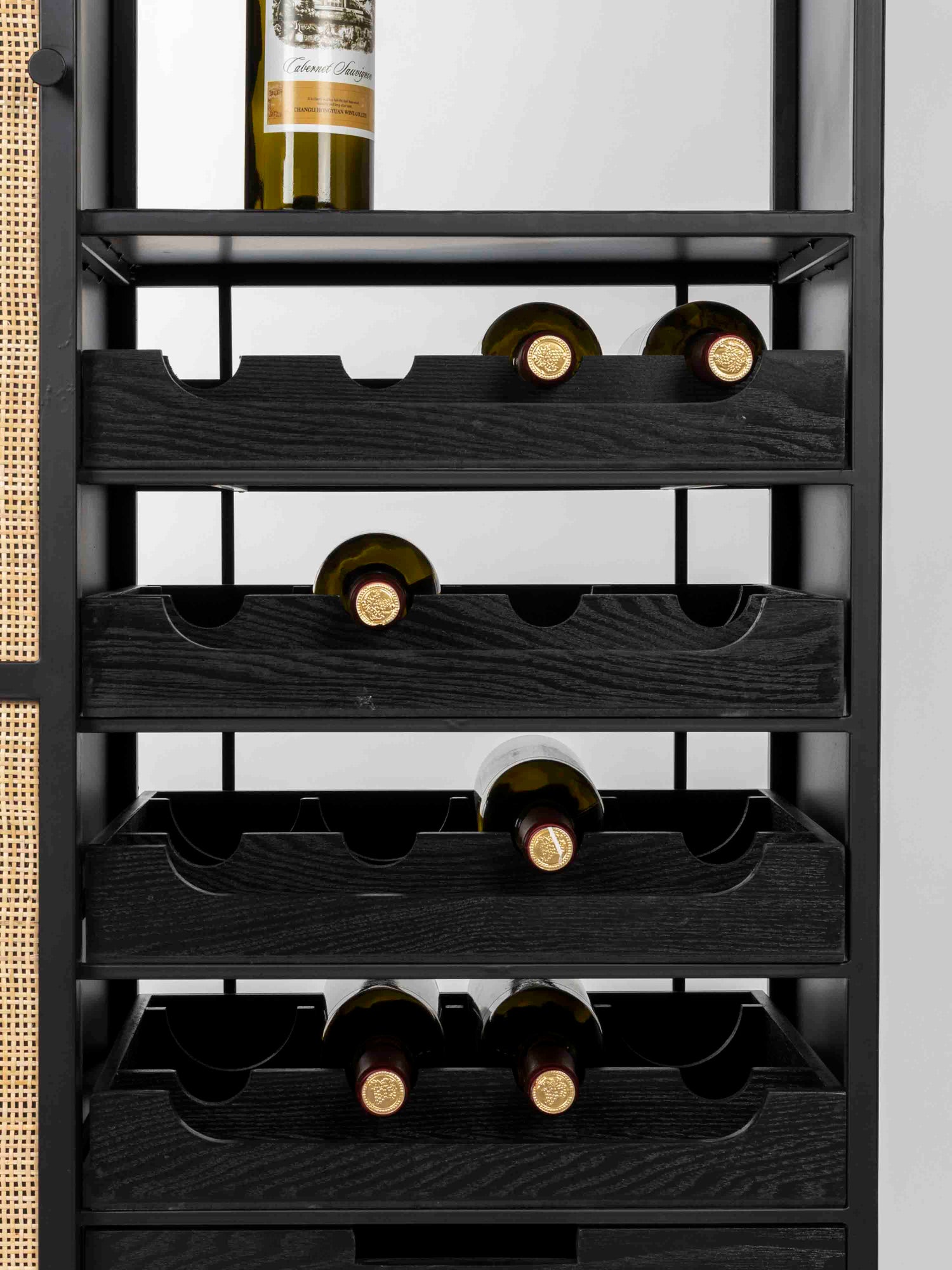 Armie High Wine Cabinet in Black And Rattan